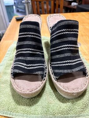 Toms Black and Cream Striped Slide Espadrille Mules